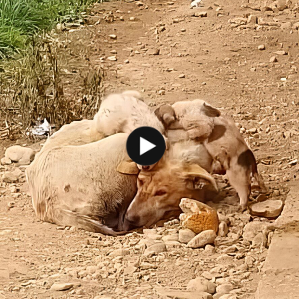Even though she was about to die and physically weak, the mother dog still gave her baby some milk. Luckily, she met someone who was kind and willing to help.