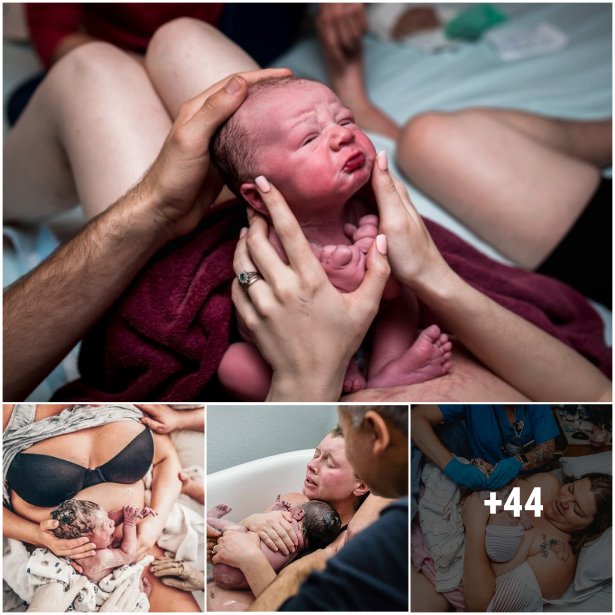 Wonderful scenes of overcoming the most painful difficulties to welcome adorable children into life. Tears of happiness and joy of a mother when giving birth.