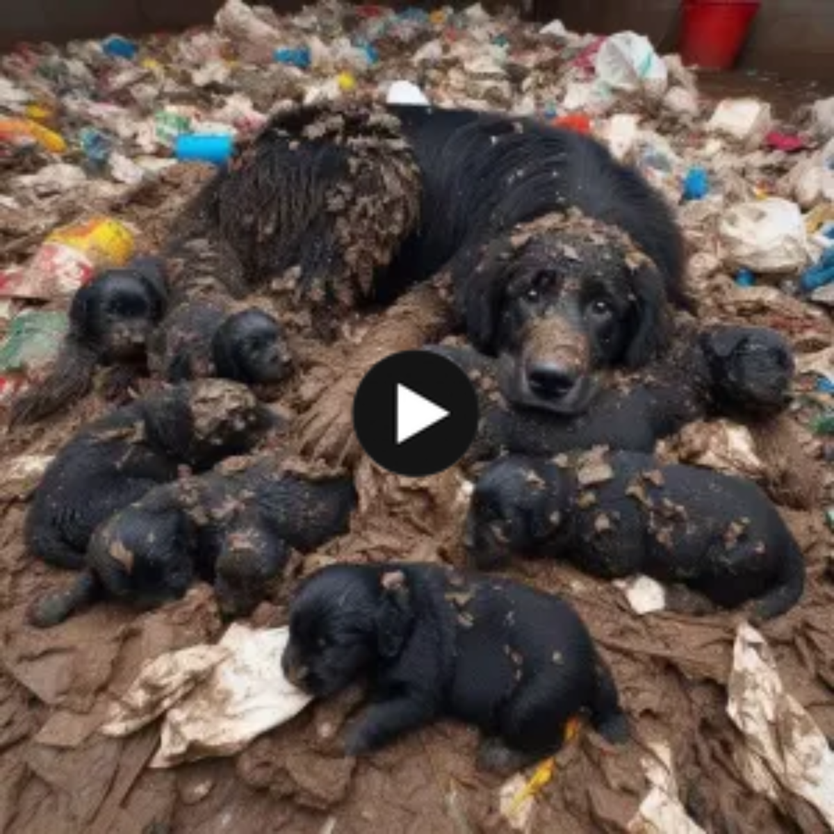 image of a helpless mother dog and priceless puppies left in the trash. The mother dog only wants her children to be healthy