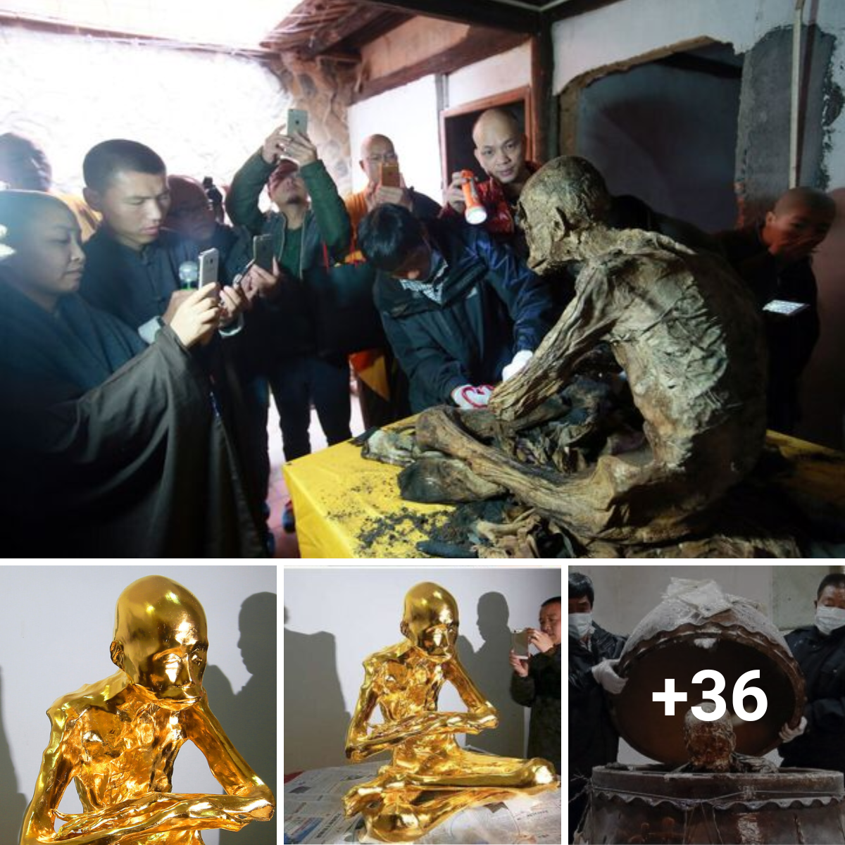 observing the magnificent custom of a respected Chinese Buddhist monk’s mummification and gold leaf wrapping. An expression of deep respect.